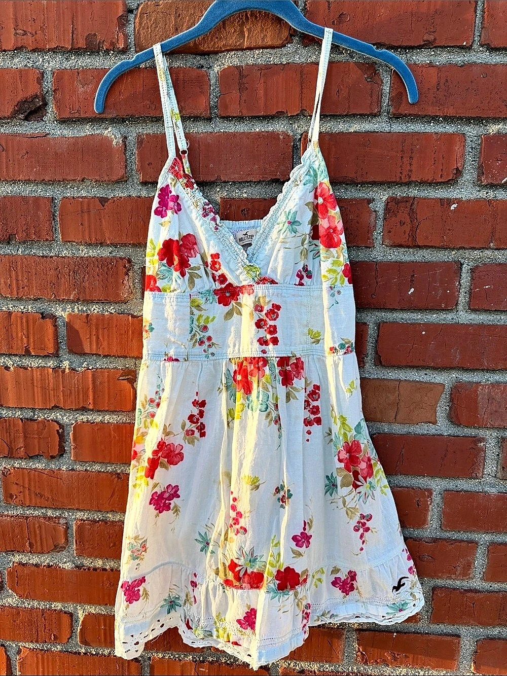 Y2K Hollister Floral Mini Dress in Light Blue & White (Size Junior Large)